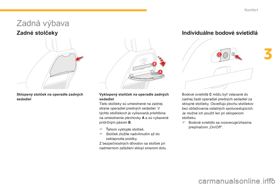 CITROEN C4 SPACETOURER 2015 Návod na použitie (in Slovak) 115
C4-Picasso-II_sk_Chap03_confort_ed01-2014
Zadná výbava
Zadné stolčeky
tieto stolčeky sú umiestnené na zadnej
strane operadiel predných sedadiel. v
týchto stolčekoch je vylisovaná pri CITROEN C4 SPACETOURER 2015 Návod na použitie (in Slovak) 115
C4-Picasso-II_sk_Chap03_confort_ed01-2014
Zadná výbava
Zadné stolčeky
tieto stolčeky sú umiestnené na zadnej
strane operadiel predných sedadiel. v
týchto stolčekoch je vylisovaná pri