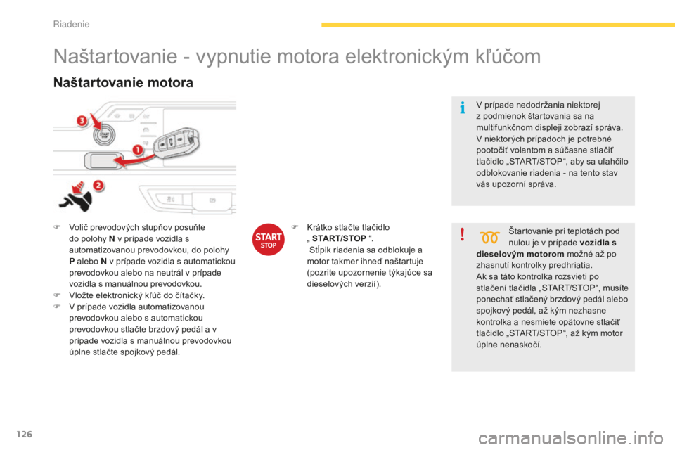 CITROEN C4 SPACETOURER 2015  Návod na použitie (in Slovak) 126
C4-Picasso-II_sk_Chap04_conduite_ed01-2014
Naštartovanie - vypnutie motora elektronickým kľúčom
F  volič prevodových stupňov posuňte do polohy N v prípade vozidla s 
automatizovanou prev