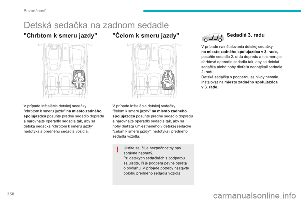 CITROEN C4 SPACETOURER 2015  Návod na použitie (in Slovak) 238
C4-Picasso-II_sk_Chap06_securite_ed01-2014
Detská sedačka na zadnom sedadle
"Chrbtom k smeru jazdy"
v prípade inštalácie detskej sedačky 
" chrbtom k smeru jazdy" na miesto z