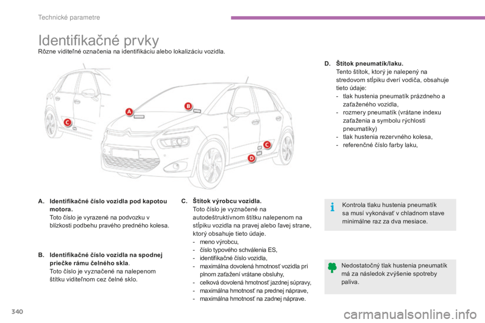 CITROEN C4 SPACETOURER 2015 Návod na použitie (in Slovak) 340
C4-Picasso-II_sk_Chap09_caracteristiques-techniques_ed01-2014
Identifikačné prvkyrôzne viditeľné označenia na identifikáciu alebo lokalizáciu vozidla.
A.
I
dentifikačné číslo vozidla CITROEN C4 SPACETOURER 2015 Návod na použitie (in Slovak) 340
C4-Picasso-II_sk_Chap09_caracteristiques-techniques_ed01-2014
Identifikačné prvkyrôzne viditeľné označenia na identifikáciu alebo lokalizáciu vozidla.
A.
I
dentifikačné číslo vozidla