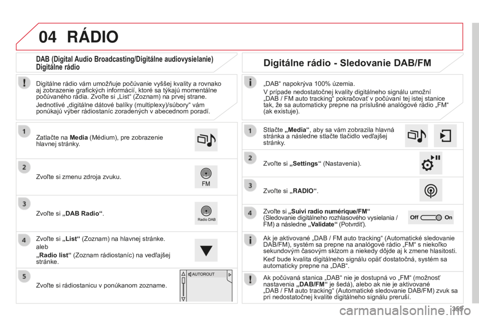 CITROEN C4 SPACETOURER 2015 Návod na použitie (in Slovak) 04
359
C4-Picasso-II_sk_Chap10b_SMeGplus_ed01-2014
RáDIO
ak je aktivované „DaB / FM auto tracking“ (automatické sledovanie
D a B/FM), systém sa prepne na analógové rádio „FM“ s niekoľ CITROEN C4 SPACETOURER 2015 Návod na použitie (in Slovak) 04
359
C4-Picasso-II_sk_Chap10b_SMeGplus_ed01-2014
RáDIO
ak je aktivované „DaB / FM auto tracking“ (automatické sledovanie
D a B/FM), systém sa prepne na analógové rádio „FM“ s niekoľ