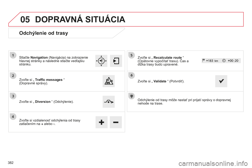 CITROEN C4 SPACETOURER 2015 Návod na použitie (in Slovak) 05
C4-Picasso-II_sk_Chap10b_SMeGplus_ed01-2014
Odchýlenie od trasy
Stlačte Navigation (Navigácia) na zobrazenie
hlavnej stránky a následne stlačte vedľajšiu
stránku.
Zvoľte si „ Traffic CITROEN C4 SPACETOURER 2015 Návod na použitie (in Slovak) 05
C4-Picasso-II_sk_Chap10b_SMeGplus_ed01-2014
Odchýlenie od trasy
Stlačte Navigation (Navigácia) na zobrazenie
hlavnej stránky a následne stlačte vedľajšiu
stránku.
Zvoľte si „ Traffic