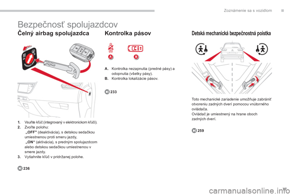 CITROEN C4 SPACETOURER 2014  Návod na použitie (in Slovak) .
17
Zoznámenie sa s vozidlom
   
Čelný airbag spolujazdca 
 
Bezpečnosť spolujazdcov 
1. 
 Vsuňte kľúč (integrovaný v elektronickom kľúči).2.Zvoľte polohu:     „OFF"(deaktivácia), s 