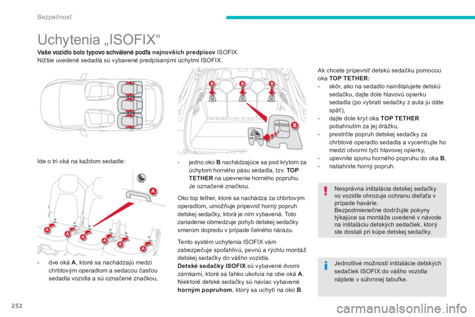 CITROEN C4 SPACETOURER 2014  Návod na použitie (in Slovak) 252
Bezpečnosť
 
 
 
 
 
 
 
 
 
 
 
 
Uchytenia „ISOFIX“  
najnovších predpisov 
 ISOFIX. 
Nižšie uvedené sedadlá sú vybavené predpísanými úchytmi ISOFIX:
-  
dve oká  A 
, ktoré s