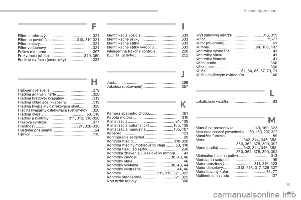 CITROEN C4 SPACETOURER 2014  Návod na použitie (in Slovak) .
407
Abecedný zoznam
Halogénové svetlá ........................................279Hladina aditíva v nafte..................................320Hladina brzdovej kvapaliny..........................