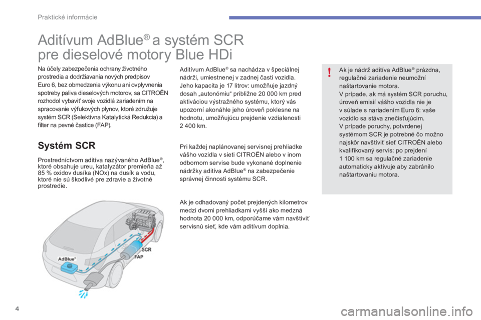 CITROEN C4 SPACETOURER 2014  Návod na použitie (in Slovak) 4
Praktické informácie
   
 
 
 
 
 
 
 
 
 
 
 
 
 
 
 
 
 
Aditívum AdBlue ®  
a systém SCR   
pre dieselové motory Blue HDi  
 
 
Na účely zabezpečenia ochrany životného 
prostredia a do