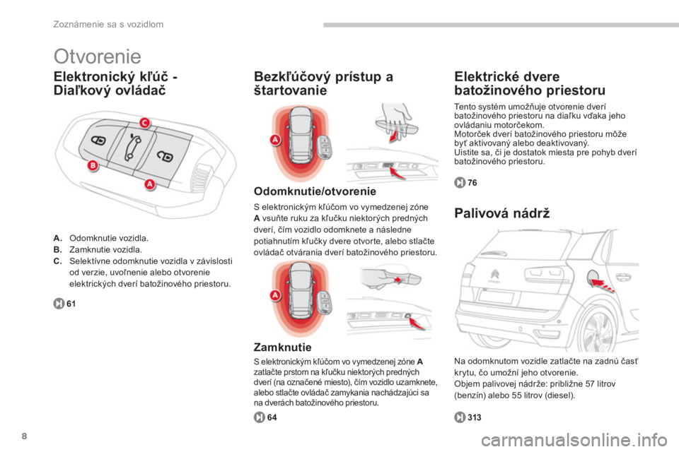 CITROEN C4 SPACETOURER 2014  Návod na použitie (in Slovak) 8
Zoznámenie sa s vozidlom
  Otvorenie 
Elektronický kľúč -
Diaľkový ovládač 
A. 
 Odomknutie vozidla. B.Zamknutie vozidla.C.Selektívne odomknutie vozidla v závislosti
od verzie, uvoľnenie