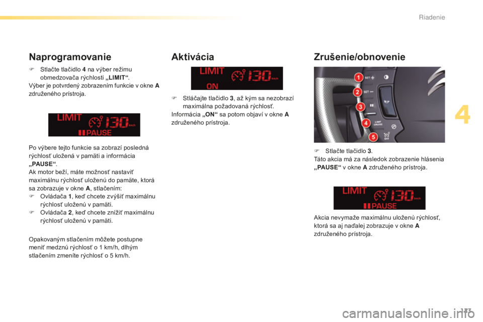 CITROEN C5 2016  Návod na použitie (in Slovak) 123
C5_sk_Chap04_conduite_ed01-2015
F Stlačte tlačidlo 4  na výber režimu 
obmedzovača rýchlosti „LIMIT“ .
vý

ber je potvrdený zobrazením funkcie v okne A 
združeného prístroja.
Aktiv