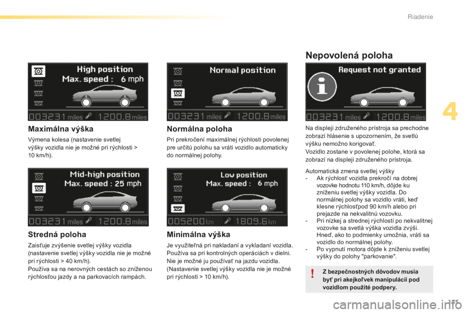 CITROEN C5 2016  Návod na použitie (in Slovak) 135
C5_sk_Chap04_conduite_ed01-2015
Nepovolená poloha
Na displeji združeného prístroja sa prechodne 
zobrazí hlásenie s upozornením, že svetlú 
výšku nemožno korigovať.
vo
zidlo zostane v