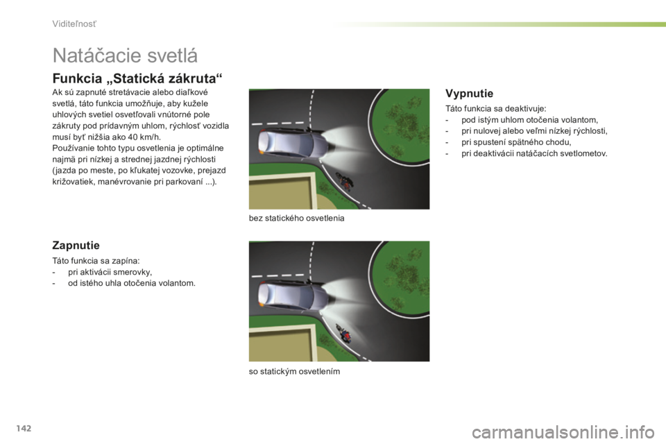 CITROEN C5 2016  Návod na použitie (in Slovak) 142
C5_sk_Chap05_visibilite_ed01-2015
Natáčacie svetlá
bez statického osvetlenia
so statickým osvetlením
Funkcia „Statická zákruta“
Zapnutie
táto funkcia sa zapína:
- p ri aktivácii sme