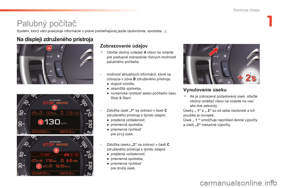 CITROEN C5 2016 Návod na použitie (in Slovak) 17
C5_sk_Chap01_controle-de-marche_ed01-2015
Systém, ktorý vám poskytuje informácie o práve prebiehajúcej jazde (autonómia, spotreba…).
Na displeji združeného prístroja
Zobrazovanie údajo CITROEN C5 2016 Návod na použitie (in Slovak) 17
C5_sk_Chap01_controle-de-marche_ed01-2015
Systém, ktorý vám poskytuje informácie o práve prebiehajúcej jazde (autonómia, spotreba…).
Na displeji združeného prístroja
Zobrazovanie údajo