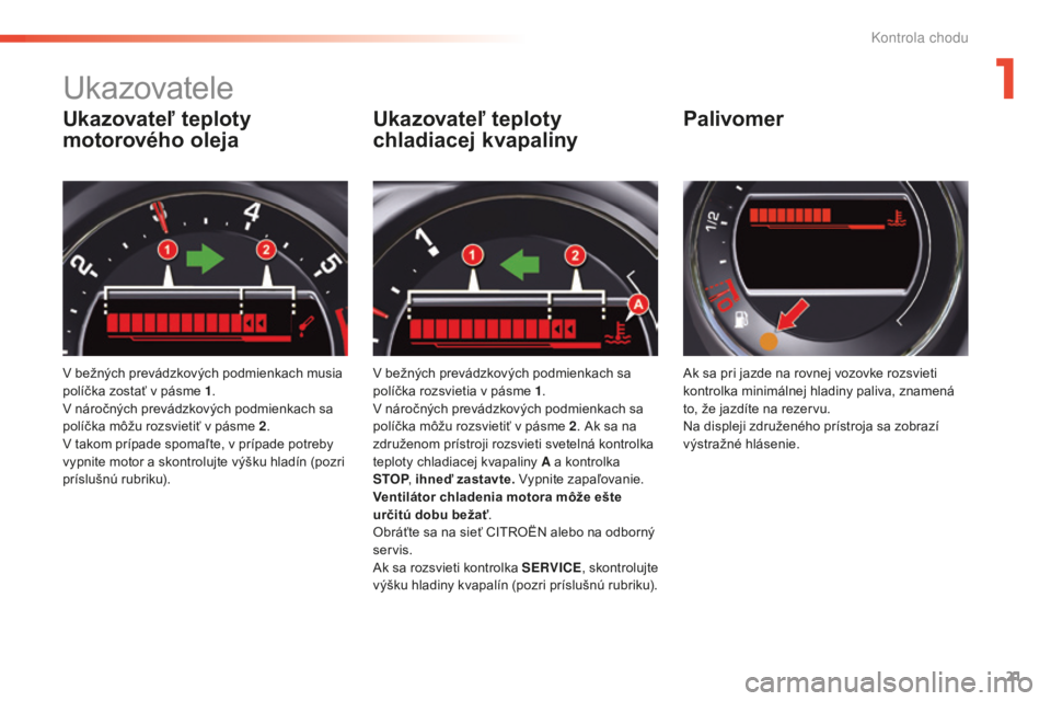 CITROEN C5 2016 Návod na použitie (in Slovak) 21
C5_sk_Chap01_controle-de-marche_ed01-2015
Ukazovateľ teploty
motorového oleja
v bežných prevádzkových podmienkach musia
p olíčka zostať v pásme 1 .
v
náročných prevádzkových podm CITROEN C5 2016 Návod na použitie (in Slovak) 21
C5_sk_Chap01_controle-de-marche_ed01-2015
Ukazovateľ teploty
motorového oleja
v bežných prevádzkových podmienkach musia
p olíčka zostať v pásme 1 .
v
náročných prevádzkových podm