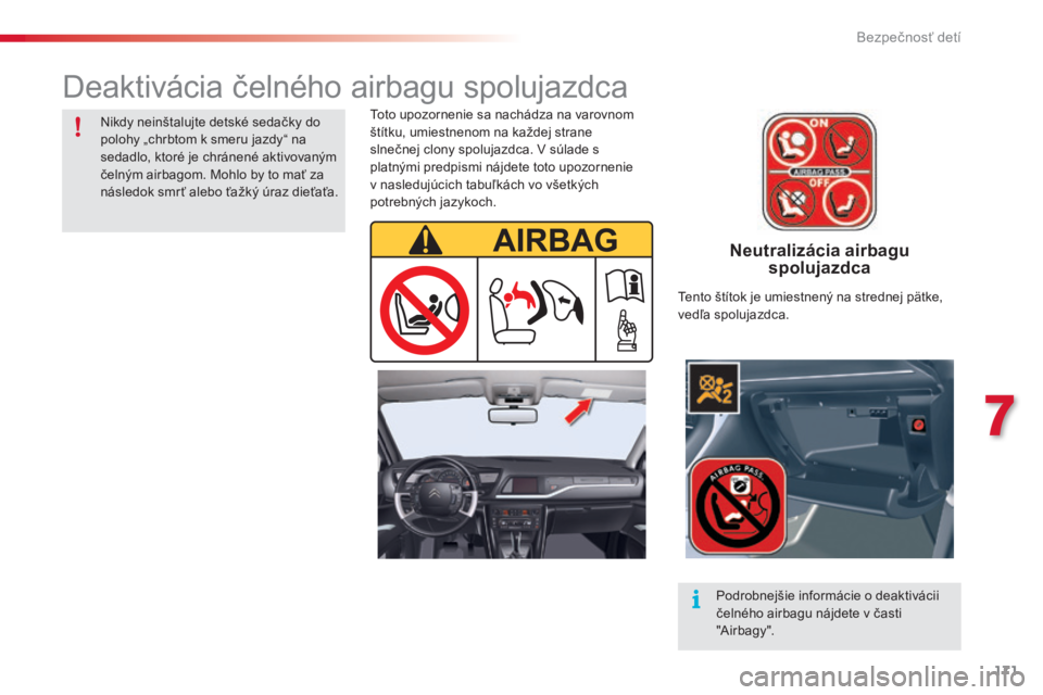 CITROEN C5 2015  Návod na použitie (in Slovak) 171
C5_sk_Chap07_securite-enfant_ed01-2014
Neutralizácia airbagu spolujazdca
toto upozornenie sa nachádza na varovnom 
štítku, umiestnenom na každej strane 
slnečnej clony spolujazdca. 
v  súla