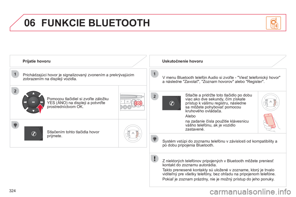 CITROEN C5 2015  Návod na použitie (in Slovak) 06
324
C5_sk_Chap11c_rD45_ed01_2014
Prijatie hovoruPrichádzajúci hovor je signalizovaný zvonením a prekrývajúcim 
zobrazením na displeji vozidla.
Pomocou tlačidiel si zvoľte záložku 
Y
e S 