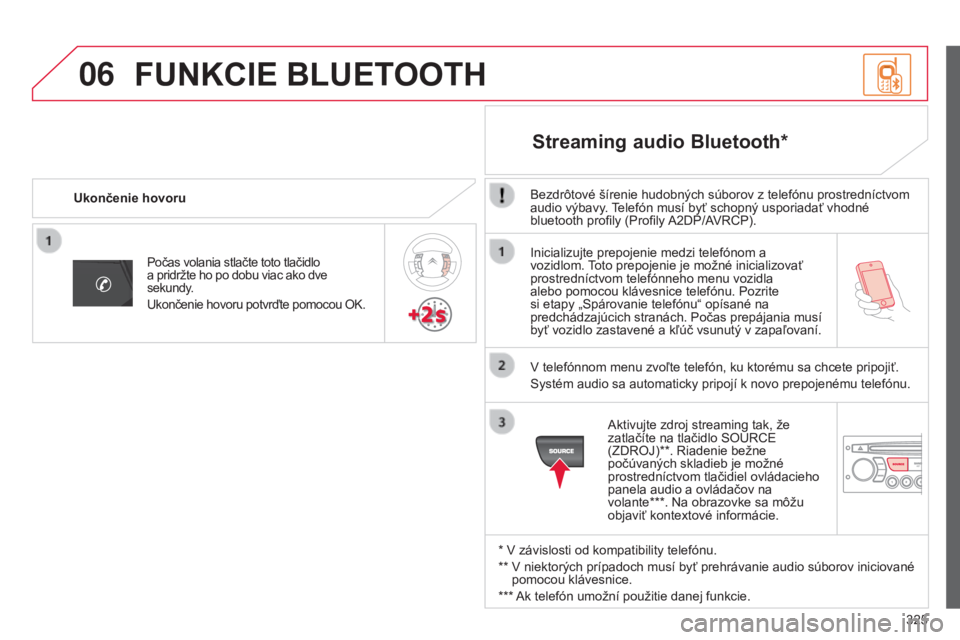 CITROEN C5 2015  Návod na použitie (in Slovak) 06
325
C5_sk_Chap11c_rD45_ed01_2014
Inicializujte prepojenie medzi telefónom a 
vozidlom. toto prepojenie je možné inicializovať 
prostredníctvom telefónneho menu vozidla 
alebo pomocou klávesn