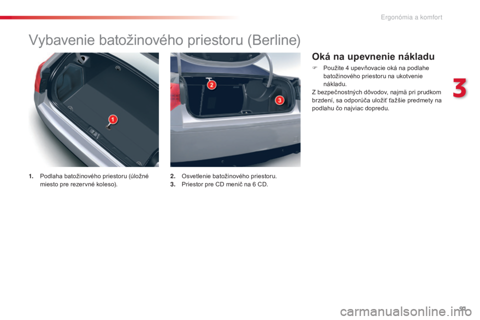 CITROEN C5 2015  Návod na použitie (in Slovak) 91
C5_sk_Chap03_ergo-et-confort_ed01-2014
vybavenie batožinového priestoru (Berline)
1. Podlaha batožinového priestoru (úložné miesto pre rezervné koleso). 2. O
svetlenie batožinového priest
