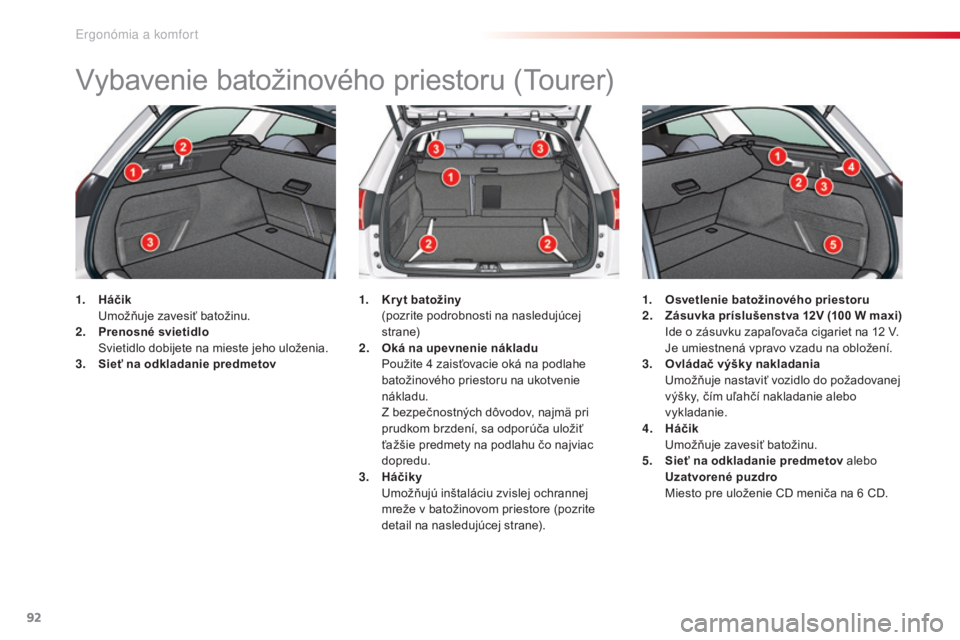 CITROEN C5 2015  Návod na použitie (in Slovak) 92
C5_sk_Chap03_ergo-et-confort_ed01-2014
vybavenie batožinového priestoru (tourer)
1. Háčik  
um ožňuje zavesiť batožinu.
2.
 P

renosné svietidlo  
 S

vietidlo dobijete na mieste jeho ulo