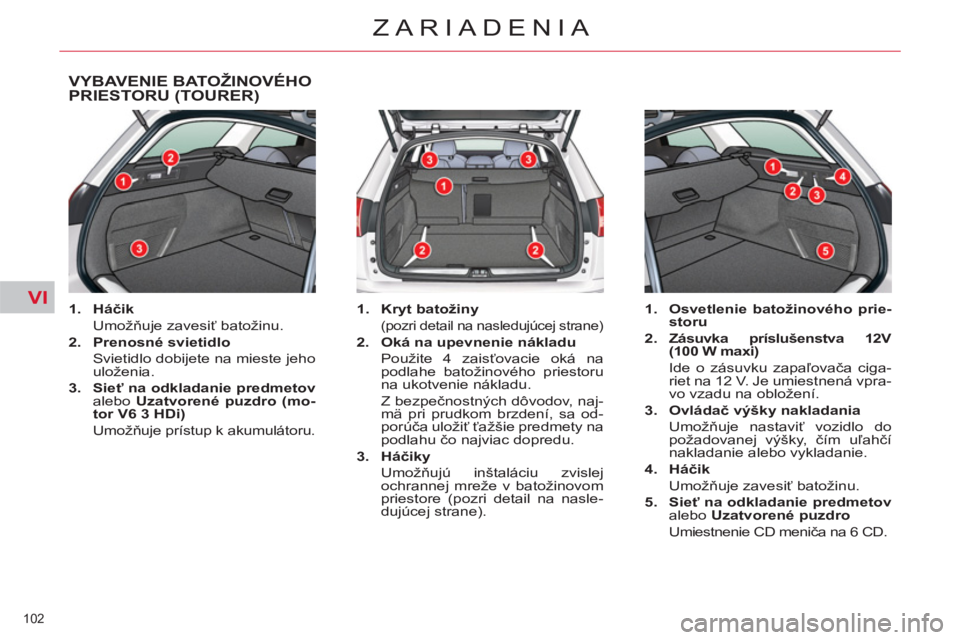 CITROEN C5 2014  Návod na použitie (in Slovak) VI
102 
ZARIADENIA
VYBAVENIE BATOŽINOVÉHO PRIESTORU (TOURER)
   
 
1. 
  Há 
 
čik 
 
  
 
 
 Umožňuje zavesiť batožinu. 
   
2. 
  Prenosné svietidlo  
 
 
  Svietidlo dobijete na mieste jeh