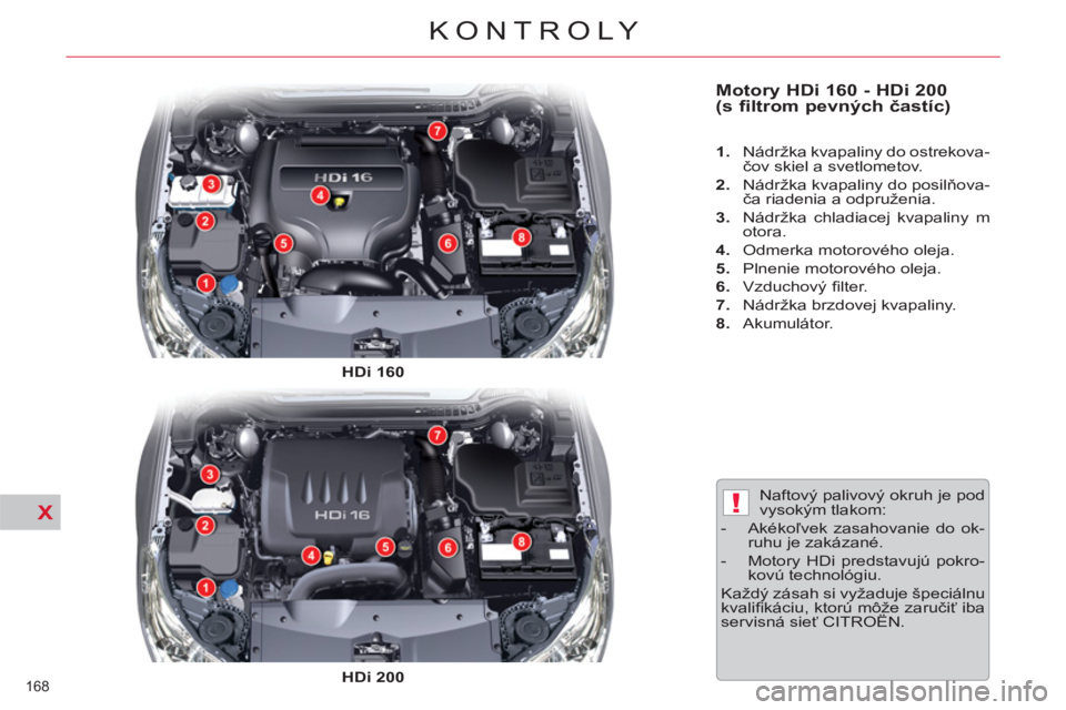 CITROEN C5 2014  Návod na použitie (in Slovak) X!
168 
KONTROLY
   
Motory HDi 160 - HDi 200 
(s filtrom pevných častíc)  
 
 
 
1. 
  Nádržka kvapaliny do ostrekova-
čov skiel a svetlometov. 
   
2. 
  Nádržka kvapaliny do posilňova-
ča