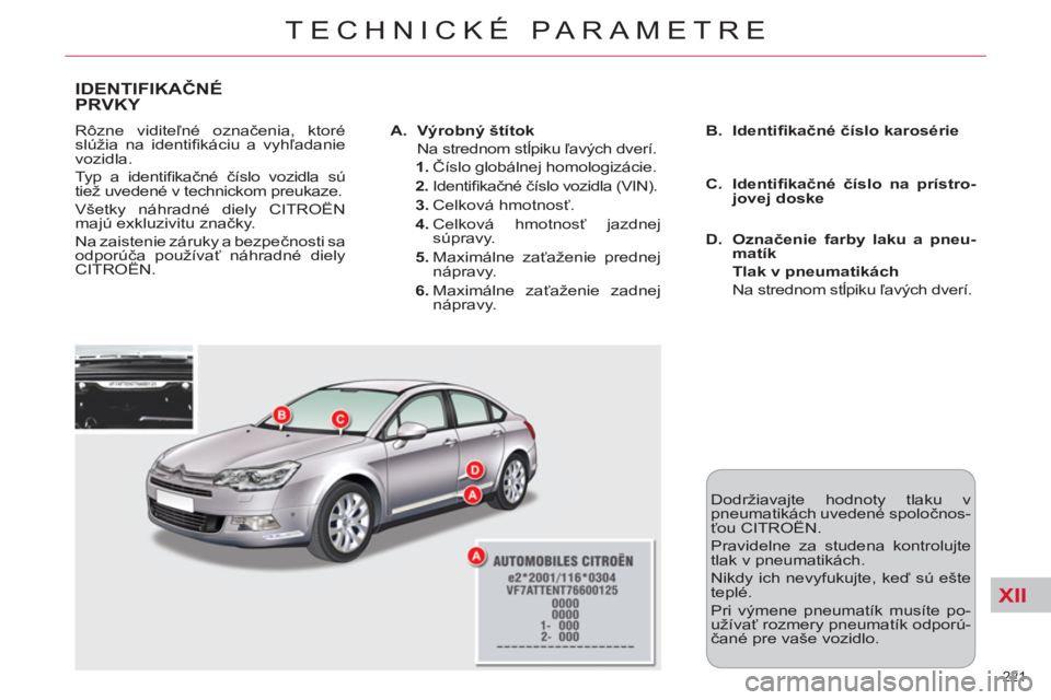 CITROEN C5 2014 Návod na použitie (in Slovak) XII
221
TECHNICKÉ PARAMETRE
IDENTIFIKAČN CITROEN C5 2014 Návod na použitie (in Slovak) XII
221
TECHNICKÉ PARAMETRE
IDENTIFIKAČN