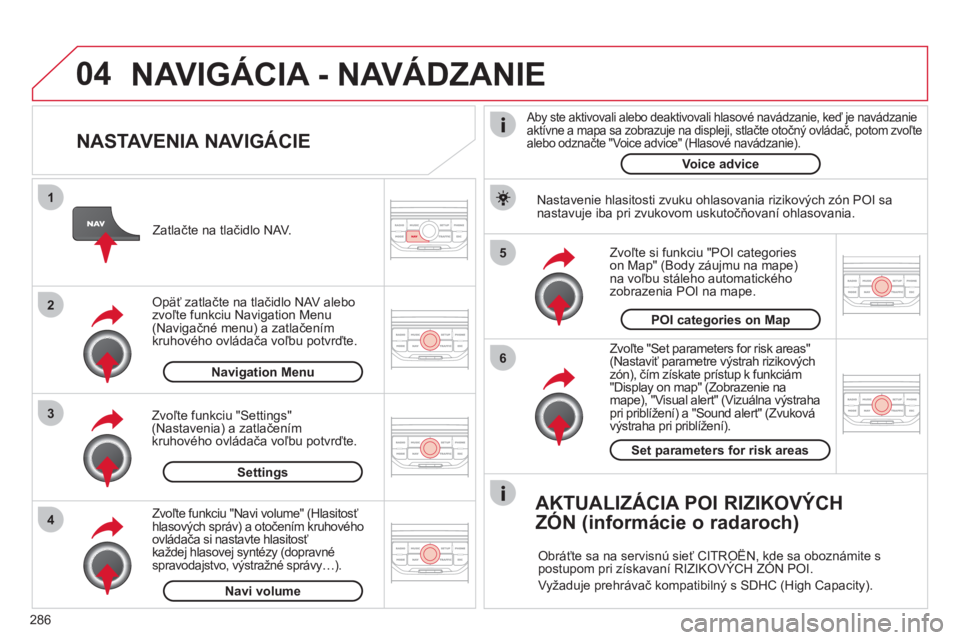 CITROEN C5 2012  Návod na použitie (in Slovak) 286
04
5
6
3 2 1
4
   
NASTAVENIA NAVIGÁCIE 
 
 
Zvoľte "Set parameters for risk areas"(Nastaviť parametre výstrah rizikových 
zón), čím získate prístup k funkciám"Display on map" (Zobrazen