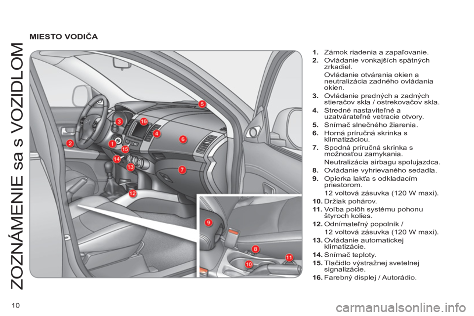 CITROEN C-CROSSER 2012  Návod na použitie (in Slovak) 10
Z
O
ZNÁMENIE sa s V
O
ZIDL
O
M
   
MIESTO VODIČA 
1. 
  Zámok riadenia a zapaľovanie.
2. 
 Ovládanie vonkajších spätných 
zrkadiel.
Ovládanie otvárania okien a neutralizácia zadného ov