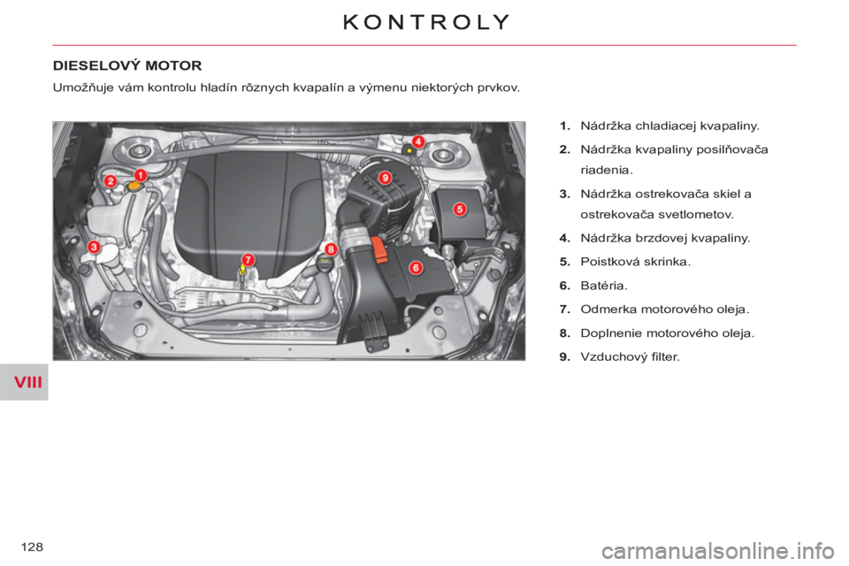 CITROEN C-CROSSER 2012  Návod na použitie (in Slovak) VIII
128
DIESELOVÝ MOTOR 
  Umožňuje vám kontrolu hladín rôznych kvapalín a výmenu niektorých prvkov. 
   
 
1. 
  Nádržka chladiacej kvapaliny. 
   
2. 
  Nádržka kvapaliny posilňovača