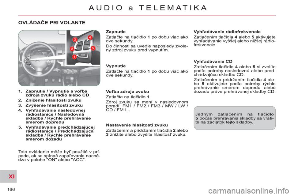 CITROEN C-CROSSER 2012 Návod na použitie (in Slovak) XI
166
AUDIO a TELEMATIKA
OVLÁDAČE PRI VOLANTE
1.
Zapnutie / Vypnutie a voľba
zdroja zvuku rádio alebo CD
2.
Zníženie hlasitosti zvuku
3.
Zvýšenie hlasitosti CITROEN C-CROSSER 2012 Návod na použitie (in Slovak) XI
166
AUDIO a TELEMATIKA
OVLÁDAČE PRI VOLANTE
1.
Zapnutie / Vypnutie a voľba
zdroja zvuku rádio alebo CD
2.
Zníženie hlasitosti zvuku
3.
Zvýšenie hlasitosti