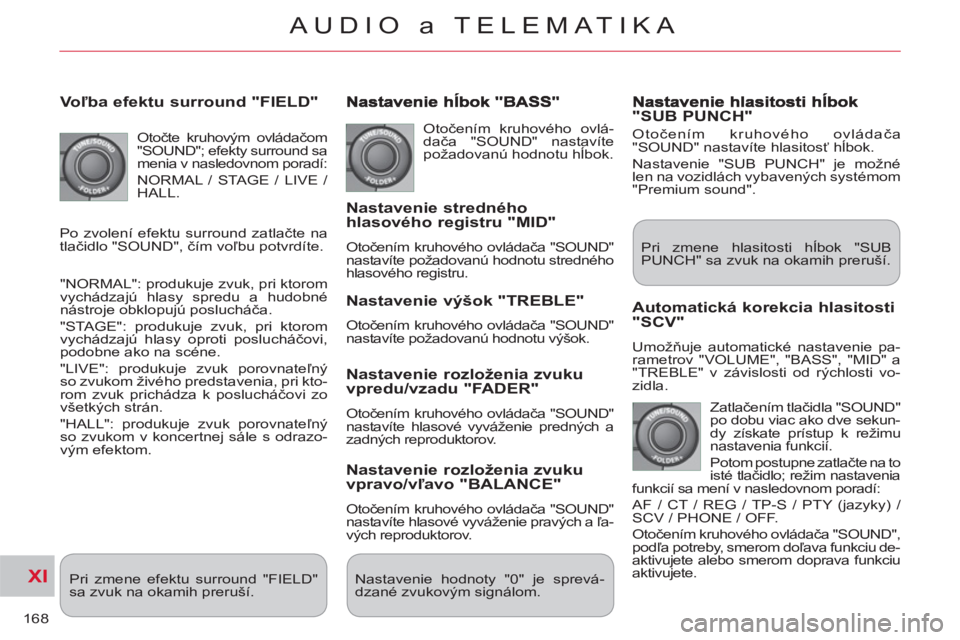 CITROEN C-CROSSER 2012 Návod na použitie (in Slovak) XI
168
AUDIO a TELEMATIKA
Voľba efektu surround "FIELD"
Otočte kruhovým ovládačom
"SOUND"; efekty surround sa
menia v nasledovnom poradí:
NORMAL / STAGE / LIVE /
HALL.
"NORMAL": p CITROEN C-CROSSER 2012 Návod na použitie (in Slovak) XI
168
AUDIO a TELEMATIKA
Voľba efektu surround "FIELD"
Otočte kruhovým ovládačom
"SOUND"; efekty surround sa
menia v nasledovnom poradí:
NORMAL / STAGE / LIVE /
HALL.
"NORMAL": p