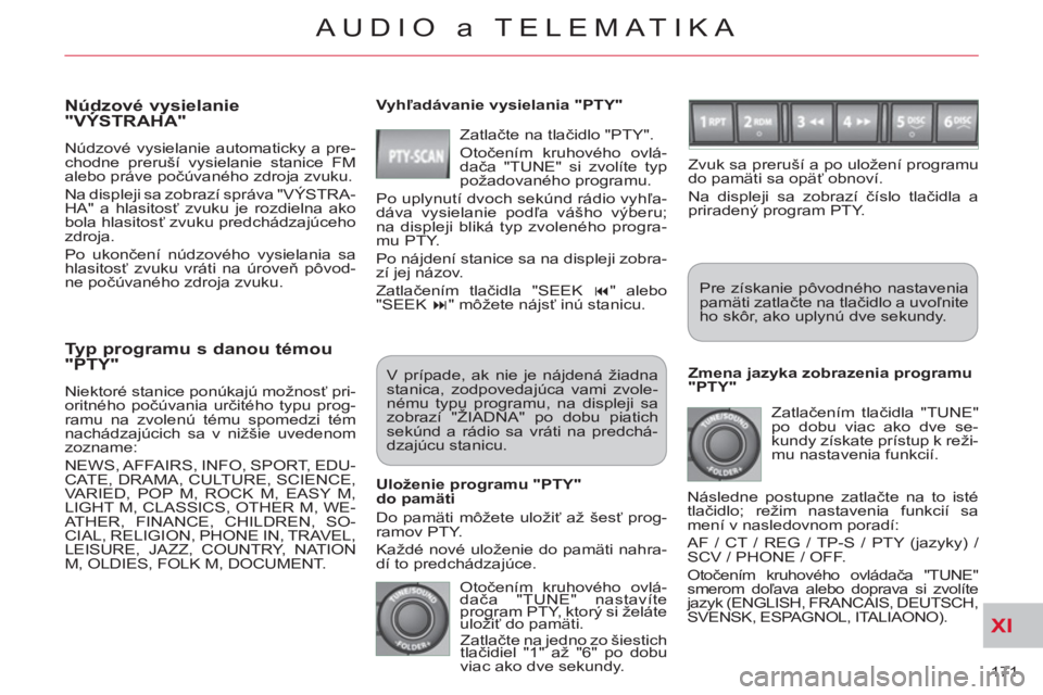 CITROEN C-CROSSER 2012 Návod na použitie (in Slovak) XI
171
AUDIO a TELEMATIKA
Typ programu s danou témou
"PTY"
Niektoré stanice ponúkajú možnosť pri-
oritného počúvania určitého typu prog-
ramu na zvolenú tému spomedzi tém
nachá CITROEN C-CROSSER 2012 Návod na použitie (in Slovak) XI
171
AUDIO a TELEMATIKA
Typ programu s danou témou
"PTY"
Niektoré stanice ponúkajú možnosť pri-
oritného počúvania určitého typu prog-
ramu na zvolenú tému spomedzi tém
nachá