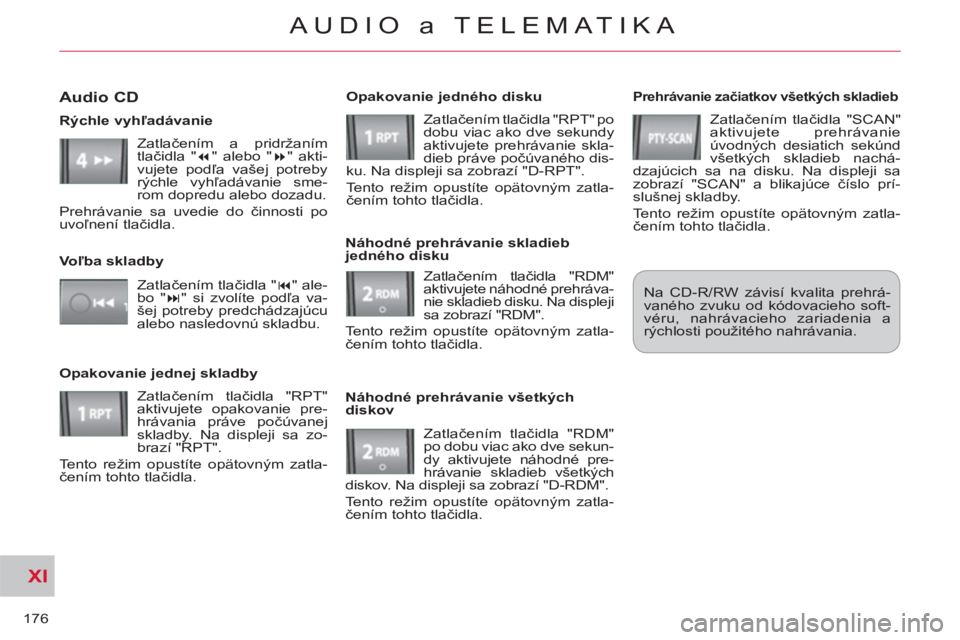 CITROEN C-CROSSER 2012 Návod na použitie (in Slovak) XI
176
AUDIO a TELEMATIKA
Prehrávanie začiatkov všetkých skladieb
Zatlačením tlačidla "SCAN"
aktivujete prehrávanie
úvodných desiatich sekúnd
všetkých skladieb nachá-
dzajúcic CITROEN C-CROSSER 2012 Návod na použitie (in Slovak) XI
176
AUDIO a TELEMATIKA
Prehrávanie začiatkov všetkých skladieb
Zatlačením tlačidla "SCAN"
aktivujete prehrávanie
úvodných desiatich sekúnd
všetkých skladieb nachá-
dzajúcic
