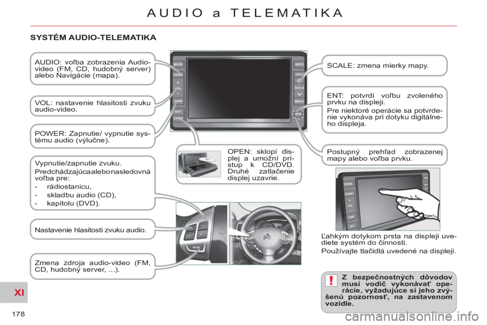 CITROEN C-CROSSER 2012 Návod na použitie (in Slovak) XI
!
178
AUDIO a TELEMATIKA
AUDIO: voľba zobrazenia Audio-
video (FM, CD, hudobný server)
alebo Navigácie (mapa).
VOL: nastavenie hlasitosti zvuku
audio-video.
OPEN: sklopí dis-
CITROEN C-CROSSER 2012 Návod na použitie (in Slovak) XI
!
178
AUDIO a TELEMATIKA
AUDIO: voľba zobrazenia Audio-
video (FM, CD, hudobný server)
alebo Navigácie (mapa).
VOL: nastavenie hlasitosti zvuku
audio-video.
OPEN: sklopí dis-
