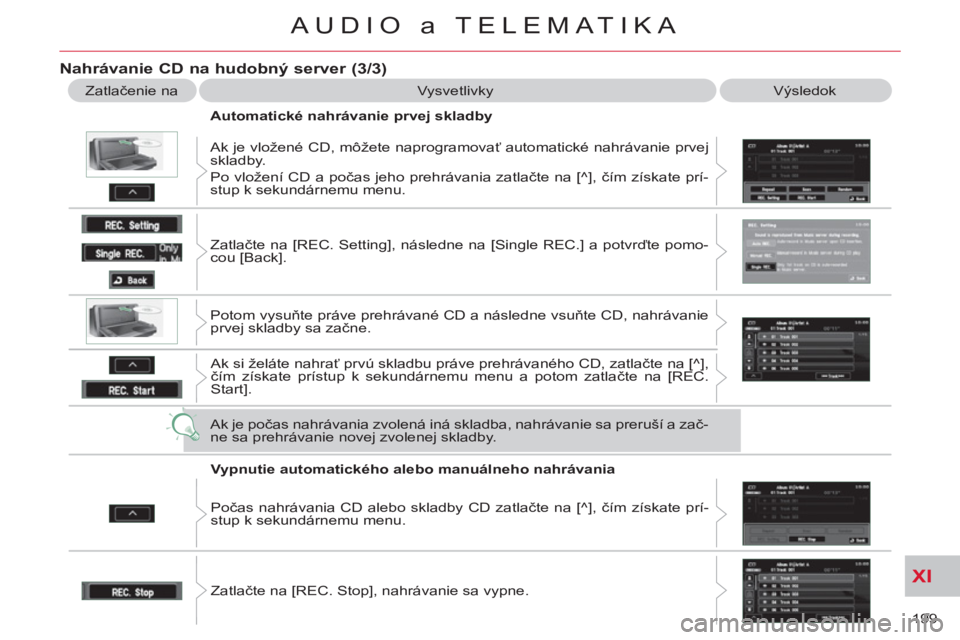 CITROEN C-CROSSER 2012 Návod na použitie (in Slovak) XI
199
AUDIO a TELEMATIKA
Nahrávanie CD na hudobný server (3/3)
Zatlačenie na Vysvetlivky Výsledok
Automatické nahrávanie prvej skladby
Ak je vložené CD, môžete naprogramov CITROEN C-CROSSER 2012 Návod na použitie (in Slovak) XI
199
AUDIO a TELEMATIKA
Nahrávanie CD na hudobný server (3/3)
Zatlačenie na Vysvetlivky Výsledok
Automatické nahrávanie prvej skladby
Ak je vložené CD, môžete naprogramov