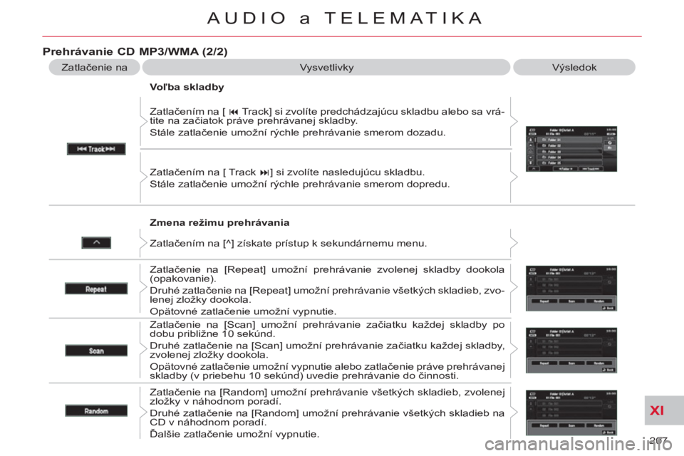 CITROEN C-CROSSER 2012  Návod na použitie (in Slovak) XI
207 
AUDIO a TELEMATIKA
   
Zmena režimu prehrávania    Zatlačením na [  � 
 Track] si zvolíte predchádzajúcu skladbu alebo sa vrá-
tite na začiatok práve prehrávanej skladby. 
  Stále