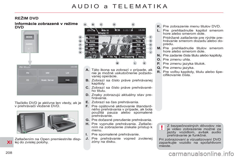 CITROEN C-CROSSER 2012  Návod na použitie (in Slovak) XI
!
208
AUDIO a TELEMATIKA
REŽIM DVD
  Tlačidlo DVD je aktívne len vtedy, ak je 
v prehrávači vložené DVD. 
  Zatlačením na Open premiestníte disp-
lej do zvislej polohy.   Z bezpečnostný