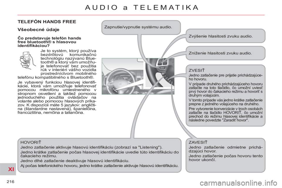 CITROEN C-CROSSER 2012 Návod na použitie (in Slovak) XI
216
AUDIO a TELEMATIKA
Čo predstavuje telefón hands
free bluetooth® s hlasovou
identifi káciou?
Je to systém, ktorý používa
bezdrôtovú komunikačnú
technológiu nazývanú Bl CITROEN C-CROSSER 2012 Návod na použitie (in Slovak) XI
216
AUDIO a TELEMATIKA
Čo predstavuje telefón hands
free bluetooth® s hlasovou
identifi káciou?
Je to systém, ktorý používa
bezdrôtovú komunikačnú
technológiu nazývanú Bl