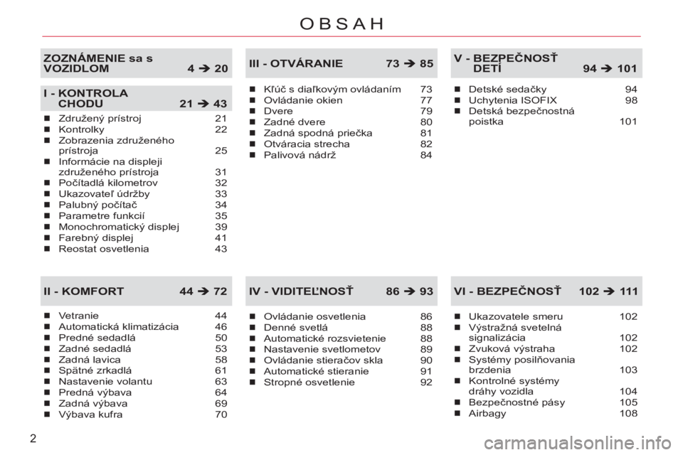 CITROEN C-CROSSER 2012  Návod na použitie (in Slovak) 2
OBSAH
Vetranie 44Automatická klimatizácia 46Predné sedadlá 50Zadné sedadlá 53Zadná lavica 58Spätné zrkadlá  61Nastavenie volantu  63Predná výbava 64Zadná výbava 69Výbava kufra 70
�„