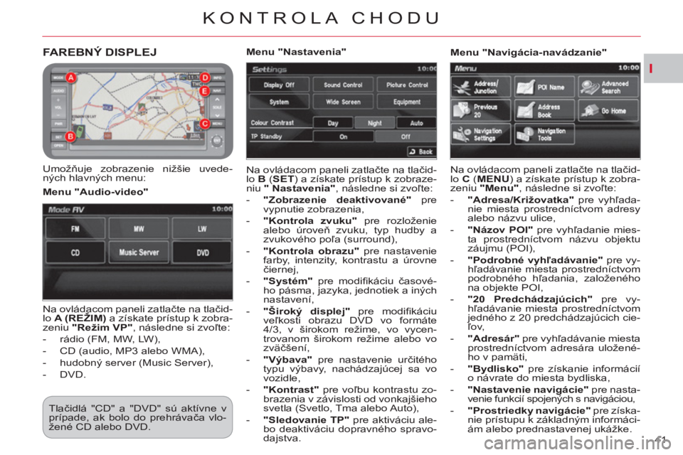 CITROEN C-CROSSER 2012  Návod na použitie (in Slovak) I
KONTROLA CHODU
41 
FAREBNÝ DISPLEJ 
   
Umožňuje zobrazenie nižšie uvede-
ných hlavných menu:   Na ovládacom paneli zatlačte na tlačid-
lo  B 
 ( SET 
) a získate prístup k zobraze-
niu 