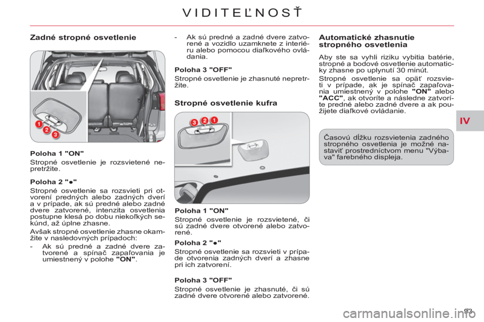 CITROEN C-CROSSER 2012 Návod na použitie (in Slovak) IV
VIDITEĽNOSŤ
93
Poloha 1 "ON"
Stropné osvetlenie je rozsvietené ne-
pretržite.
Poloha 2 "●"
Stropné osvetlenie sa rozsvieti pri ot-
vorení predných alebo zadných dverí
CITROEN C-CROSSER 2012 Návod na použitie (in Slovak) IV
VIDITEĽNOSŤ
93
Poloha 1 "ON"
Stropné osvetlenie je rozsvietené ne-
pretržite.
Poloha 2 "●"
Stropné osvetlenie sa rozsvieti pri ot-
vorení predných alebo zadných dverí