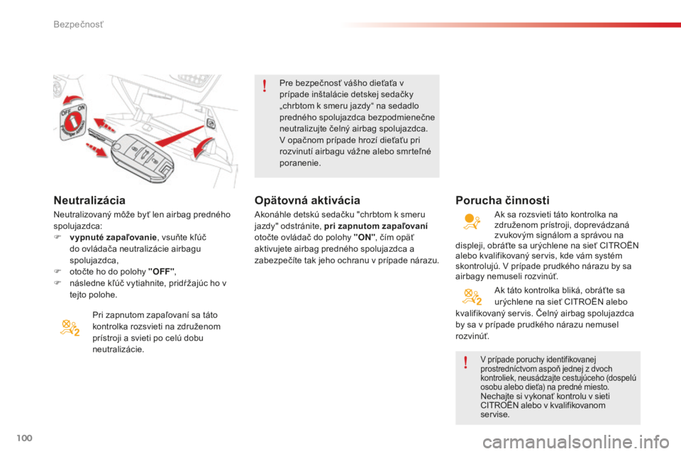 CITROEN C-ELYSÉE 2016  Návod na použitie (in Slovak) 100
C-elysee_sk_Chap07_securite_ed01-2014
Neutralizácia
Pri zapnutom zapaľovaní sa táto 
kontrolka rozsvieti na združenom 
prístroji a svieti po celú dobu 
neutralizácie.Pre bezpečnosť váš