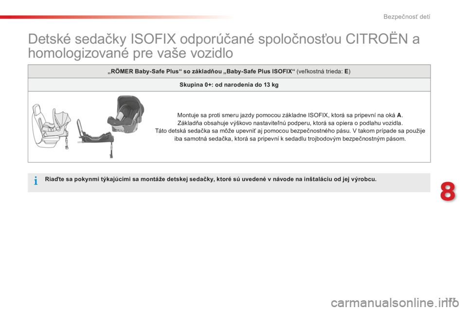 CITROEN C-ELYSÉE 2016 Návod na použitie (in Slovak) 113
Detské sedačky ISOFIX odporúčané spoločnosťou CItrO ËN a
homologizované pre vaše vozidlo
Riaďte sa pokynmi týkajúcimi sa montáže detskej sedačky, ktoré sú uvedené v návode na CITROEN C-ELYSÉE 2016 Návod na použitie (in Slovak) 113
Detské sedačky ISOFIX odporúčané spoločnosťou CItrO ËN a
homologizované pre vaše vozidlo
Riaďte sa pokynmi týkajúcimi sa montáže detskej sedačky, ktoré sú uvedené v návode na