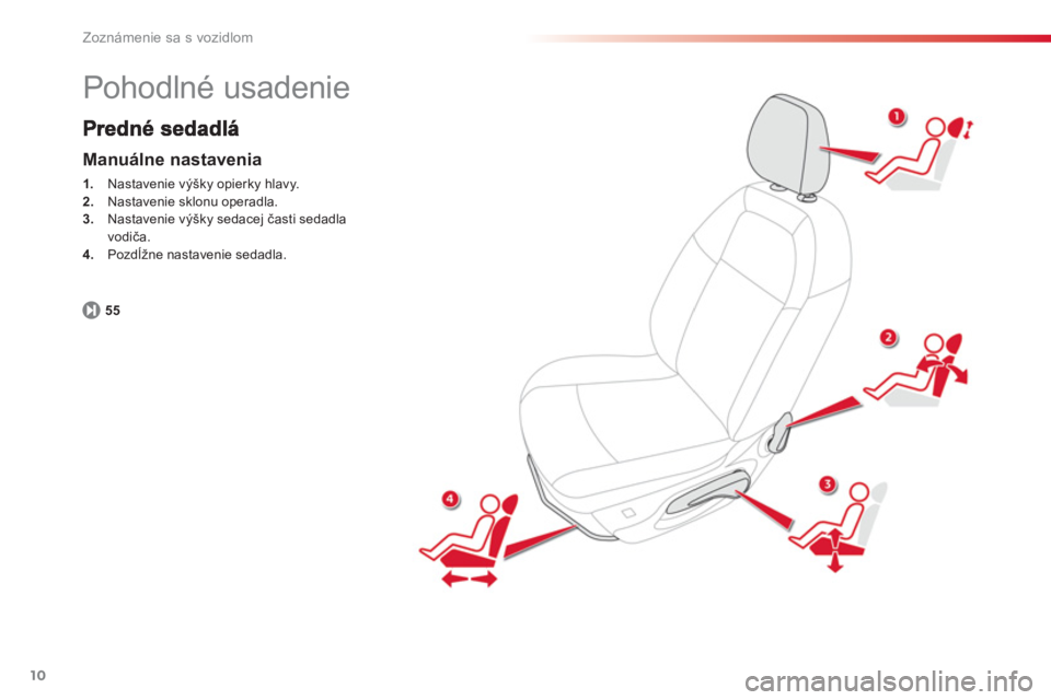 CITROEN C-ELYSÉE 2014  Návod na použitie (in Slovak) 10
Zoznámenie sa s vozidlom
  Pohodlné usadenie 
Manuálne nastavenia
1. 
 Nastavenie výšky opierky hlavy.2. 
 Nastavenie sklonu operadla.3. 
 Nastavenie výšky sedacej časti sedadla 
vodiča.4.