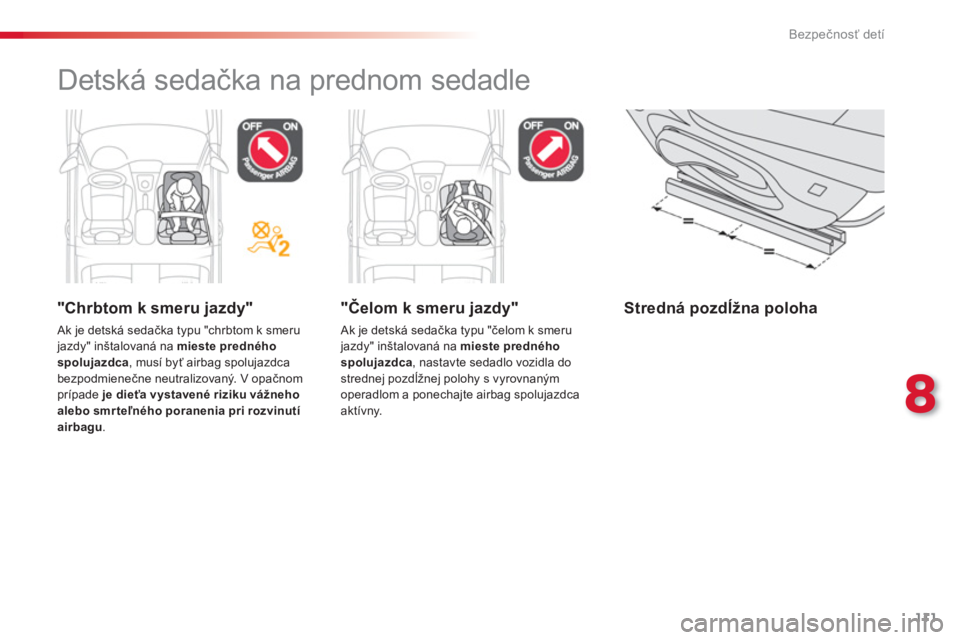 CITROEN C-ELYSÉE 2014  Návod na použitie (in Slovak) 111
8
Bezpečnosť detí
 
Detská sedačka na prednom sedadle  
 
 
"Chrbtom k smeru jazdy"
 Ak je detská sedačka typu "chrbtom k smerujazdy" inštalovaná na mieste predného 
spolujazdca  , musí