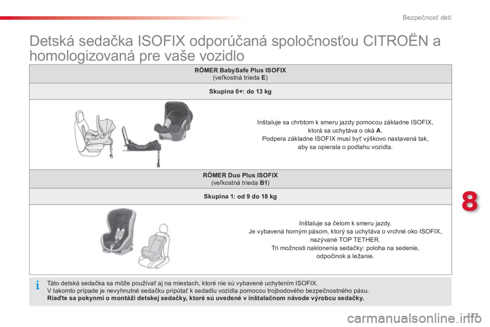 CITROEN C-ELYSÉE 2014  Návod na použitie (in Slovak) 117
8
Bezpečnosť detí
 
 
 
 
 
 
 
 
 
 
 
 
 
Detská sedačka ISOFIX odporúčaná spoločnosťou CITROËN a 
homologizovaná pre vaše vozidlo  
 
 
Táto detská sedačkasa m