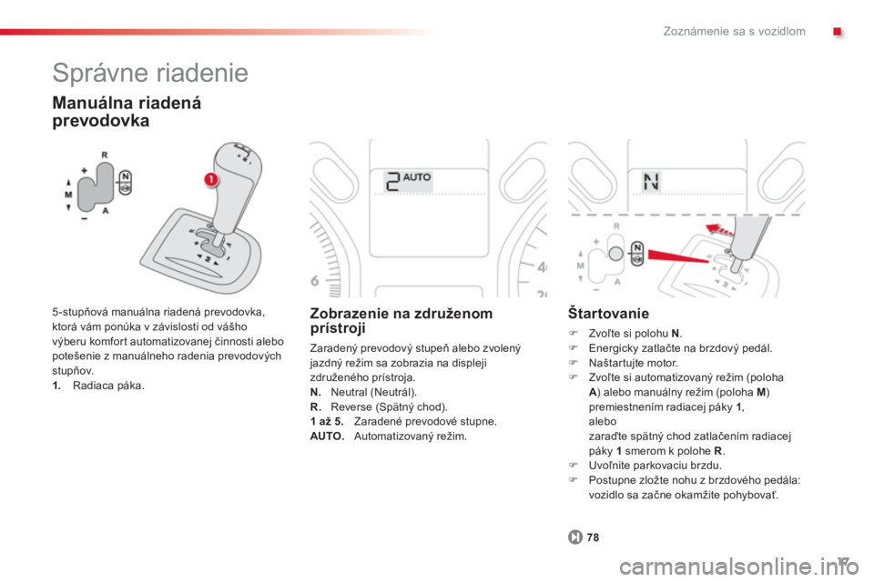CITROEN C-ELYSÉE 2014  Návod na použitie (in Slovak) .
17
Zoznámenie sa s vozidlom
  Správne riadenie 
 
 
Manuálna riadená 
prevodovka 
 
 
5-stupňová manuálna riadená prevodovka, 
ktorá vám ponúka v závislosti od vášho
v
ýberu komfort a