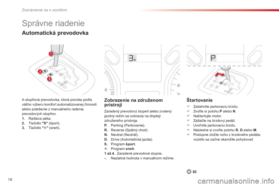 CITROEN C-ELYSÉE 2014  Návod na použitie (in Slovak) 18
Zoznámenie sa s vozidlom
82
  Správne riadenie 
Automatická prevodovka 
4-stupňová prevodovka, ktorá ponúka podľa 
vášho výberu komfort automatizovanej činnosti alebo potešenie z manu�