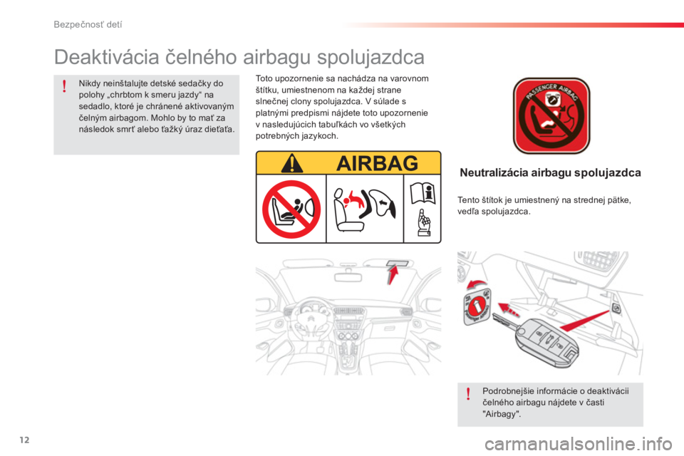 CITROEN C-ELYSÉE 2014 Návod na použitie (in Slovak) 12
Bezpečnosť detí
Neutralizácia airbagu spolujazdca
Deaktivácia čelného airbagu spolujazdca
Nikdy neinštalujte detské sedačky do
polohy „chrbtom k smeru jazdy“ na
sedadl CITROEN C-ELYSÉE 2014 Návod na použitie (in Slovak) 12
Bezpečnosť detí
Neutralizácia airbagu spolujazdca
Deaktivácia čelného airbagu spolujazdca
Nikdy neinštalujte detské sedačky do
polohy „chrbtom k smeru jazdy“ na
sedadl