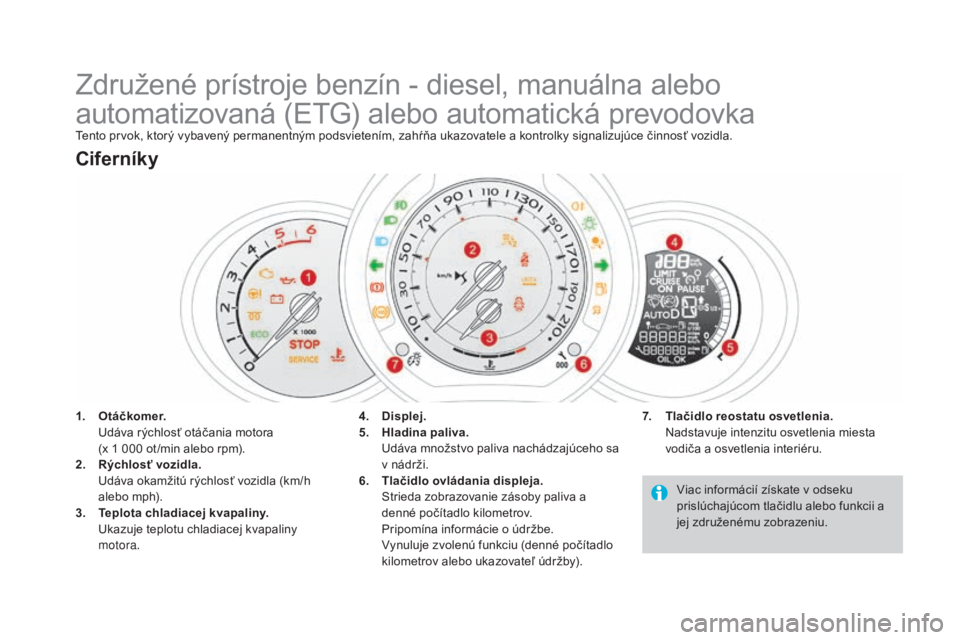 CITROEN DS3 2017 Návod na použitie (in Slovak) DS3_sk_Chap01_controle-de-marche_ed02-2015
Združené prístroje benzín - diesel, manuálna alebo
automatizovaná (ETG) alebo automatická prevodovka
Tento prvok, ktorý vybavený permanentným pods CITROEN DS3 2017 Návod na použitie (in Slovak) DS3_sk_Chap01_controle-de-marche_ed02-2015
Združené prístroje benzín - diesel, manuálna alebo
automatizovaná (ETG) alebo automatická prevodovka
Tento prvok, ktorý vybavený permanentným pods
