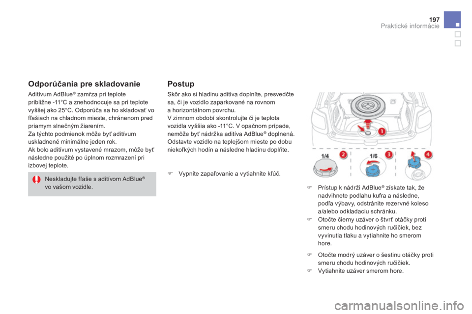 CITROEN DS3 2017  Návod na použitie (in Slovak) 197
DS3_sk_Chap08_info-pratiques_ed02-2015
Neskladujte fľaše s aditívom AdBlue® 
vo vašom vozidle.
Aditívum AdBlue
® zamŕza pri teplote  
približne -11°C a znehodnocuje sa pri teplote 
vyš�