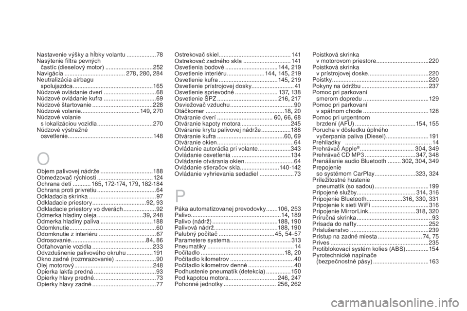 CITROEN DS3 2017 Návod na použitie (in Slovak) DS3_sk_Chap12_index-recherche_ed02-2015
O
Objem palivovej nádrže ................................188
O bmedzovač rýchlosti .................................. 12
4
Ochrana detí
........... 165,
CITROEN DS3 2017 Návod na použitie (in Slovak) DS3_sk_Chap12_index-recherche_ed02-2015
O
Objem palivovej nádrže ................................188
O bmedzovač rýchlosti .................................. 12
4
Ochrana detí
........... 165,